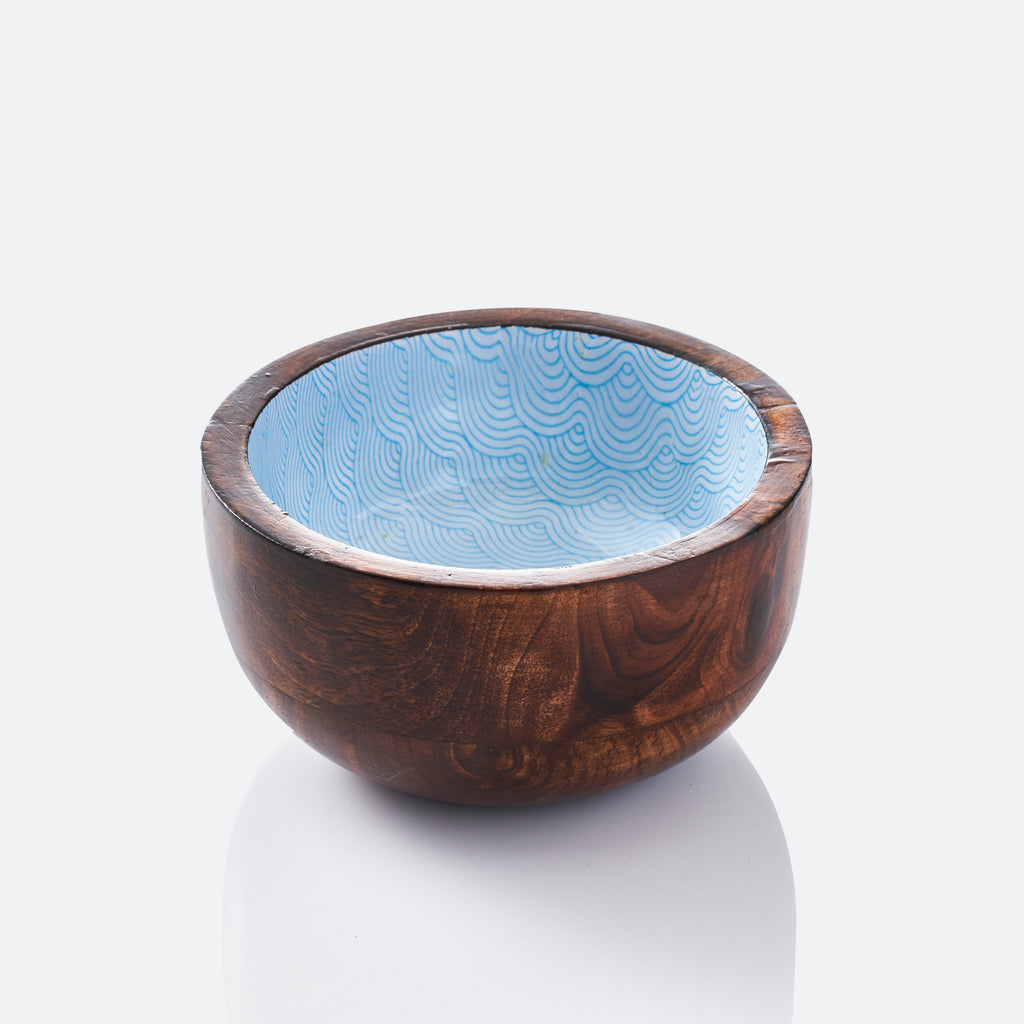 Mango Wood Nibble Bowl - Blue Waves